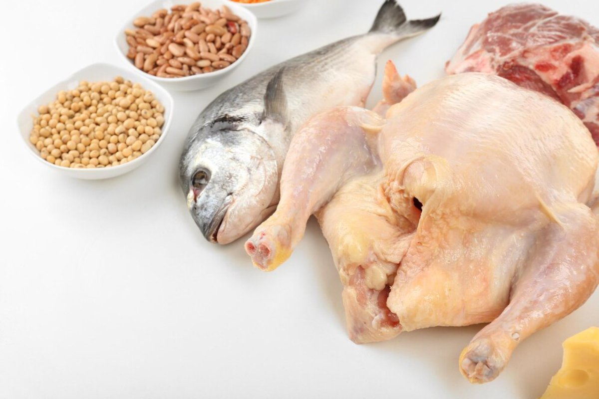 Raw ingredients on a white surface including fish, chicken, beans, nuts, cheese, and a portion of red meat.