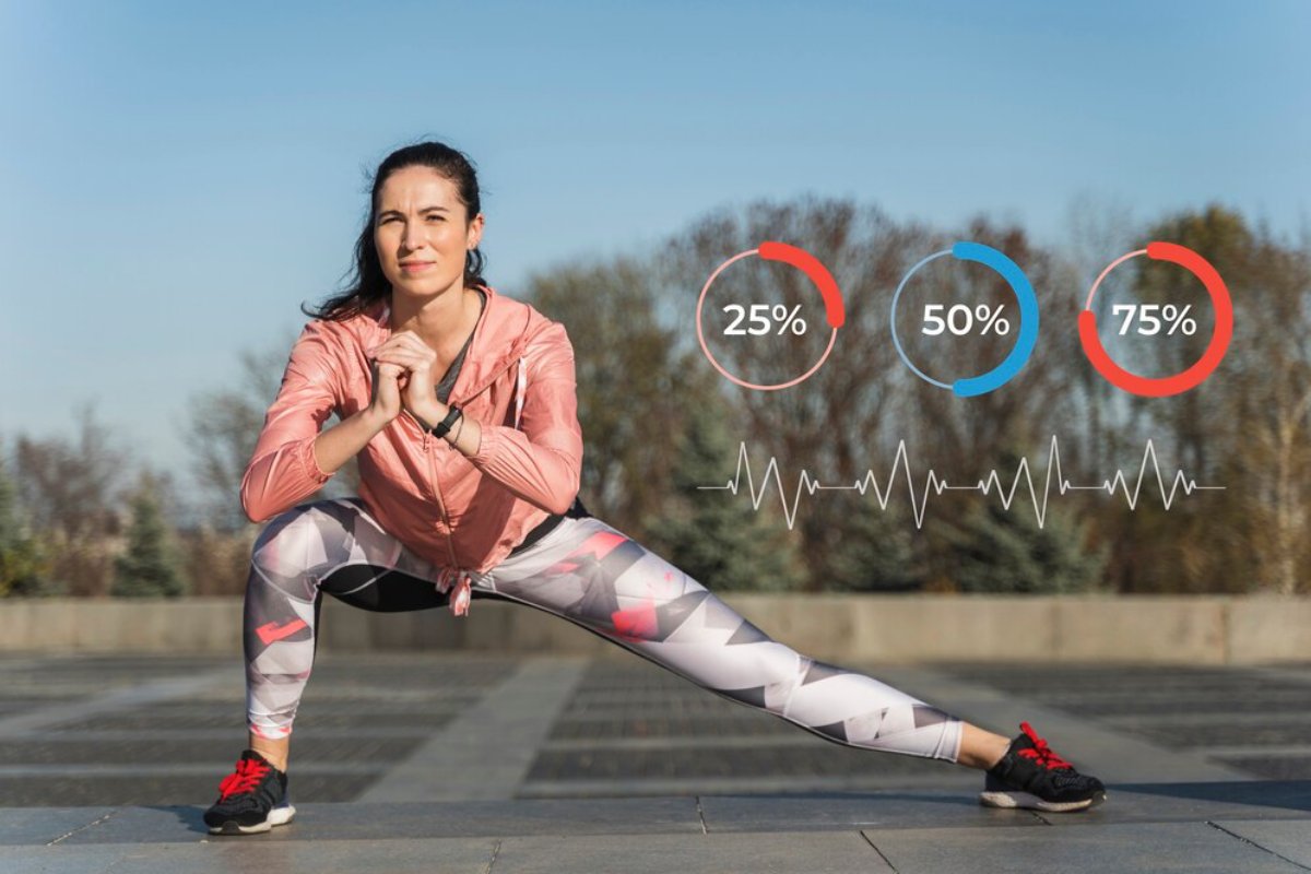 A fitness enthusiast performs a side lunge outdoors, with health metrics displaying heart rate and exercise progress in the background.