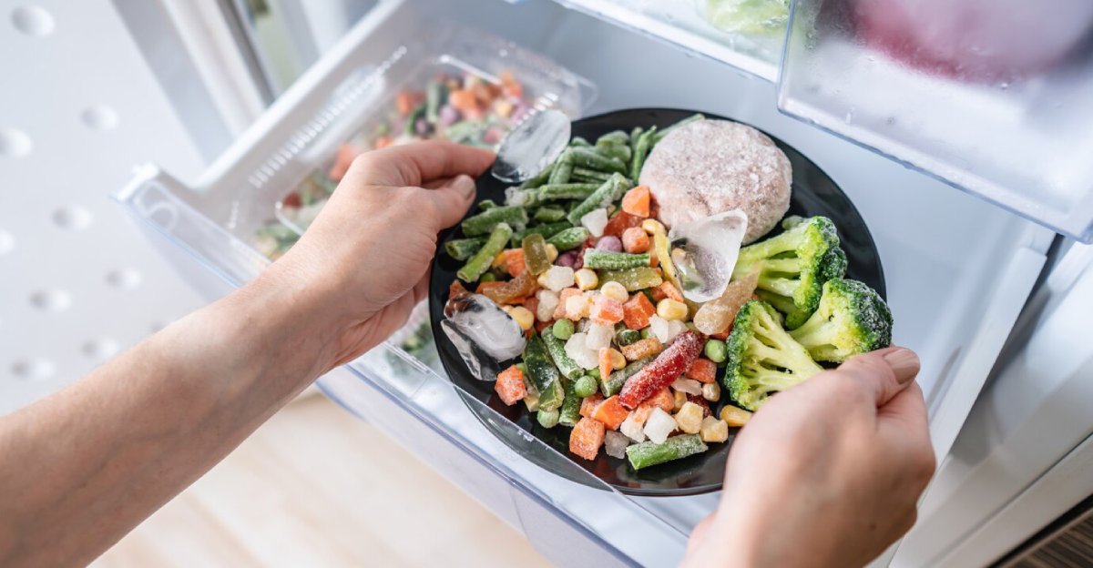 Person placing a variety of frozen vegetables and a hamburger patty onto a plate from a freezer.